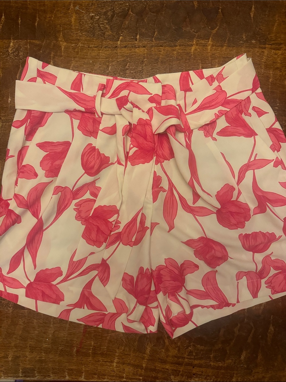 Ann Taylor High-Waist Floral Tie-Belt Shorts — Pink on White